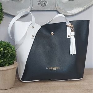 Faux Leather Black and White Tote Purse With White Tassel~NWOT